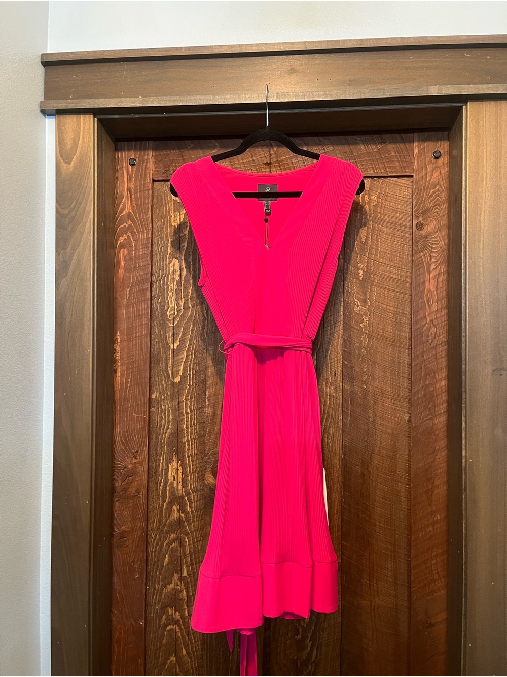 Adrianna Papell Hot Pink V-Neck Midi Dress with Belt
